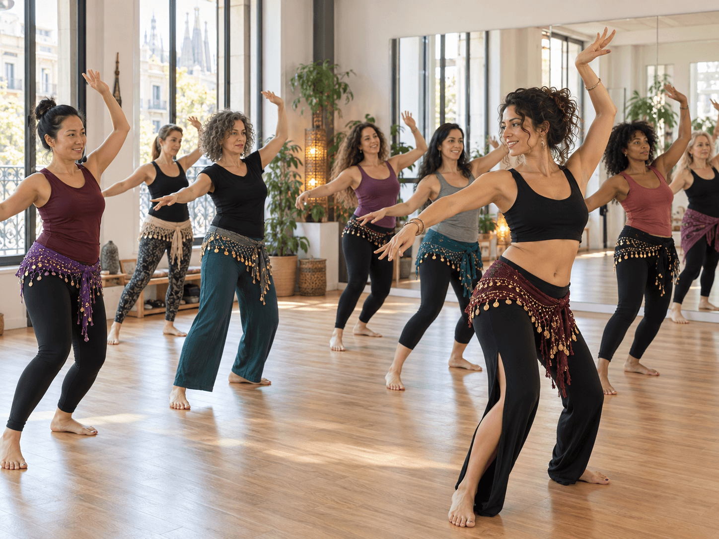Alumnas practicando una coreografía de danza oriental durante una clase